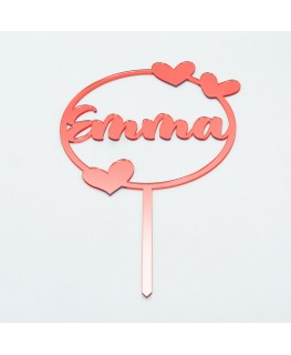 E-783 TOK - Top cake in plexiglass con nome e motivo circolare con cuori