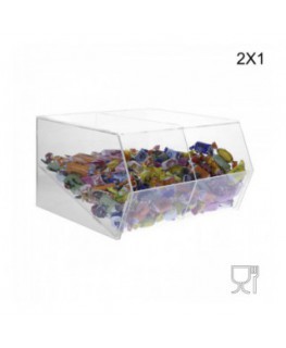 E-222 PCR-F - Porta caramelle in plexiglass trasparente SENZA sportello con ripiano inclinato a 2 scomparti (2X1)