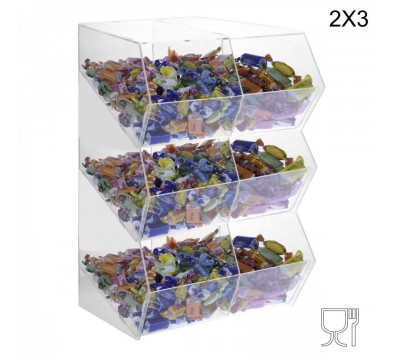E-222 PCR-H - Porta caramelle in plexiglass trasparente SENZA sportello con ripiano inclinato a 6 scomparti (2X3)