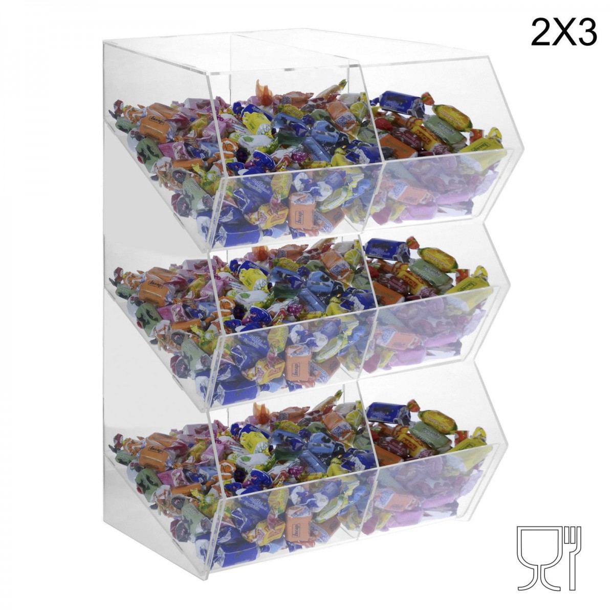 E-222 PCR-H - Porta caramelle in plexiglass trasparente SENZA sportello con ripiano inclinato a 6 scomparti (2X3)