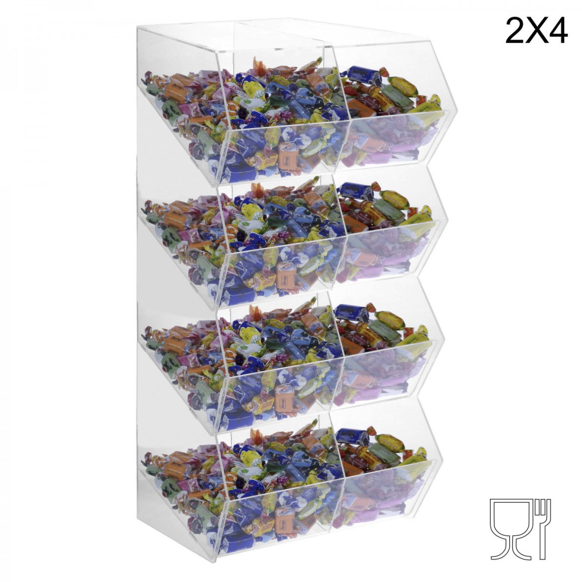E-222 PCR-I - Porta caramelle in plexiglass trasparente SENZA sportello con ripiano inclinato a 8 scomparti (2X4)
