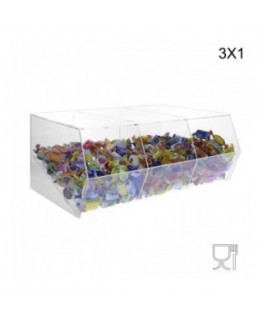 E-222 PCR-M - Porta caramelle in plexiglass trasparente SENZA sportello con ripiano inclinato a 3 scomparti (3X1)