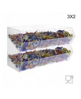 E-222 PCR-N - Porta caramelle in plexiglass trasparente SENZA sportello con ripiano inclinato a 6 scomparti (3X2)