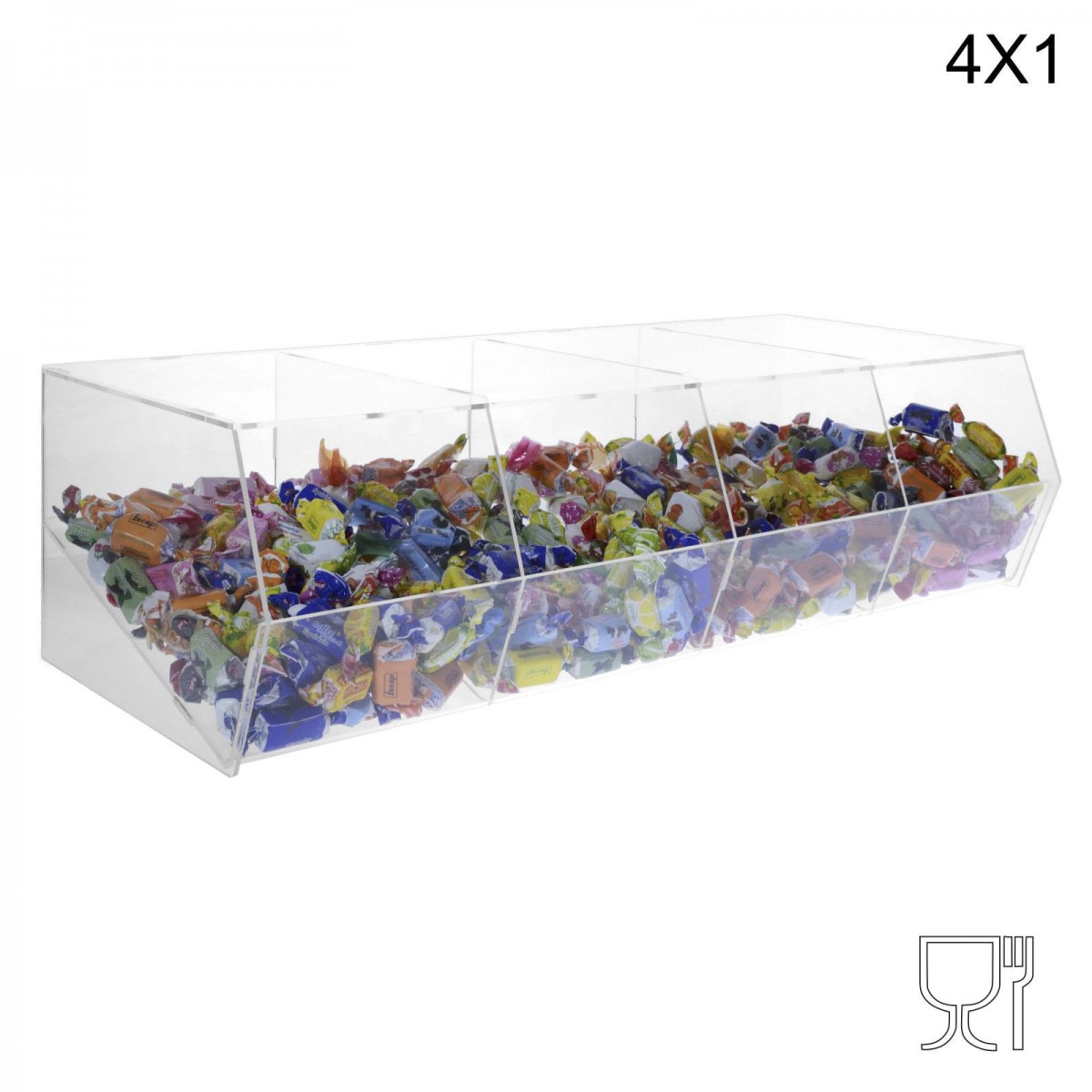 E-222 PCR-R - Porta caramelle in plexiglass trasparente SENZA sportello con ripiano inclinato a 4 scomparti (4X1)