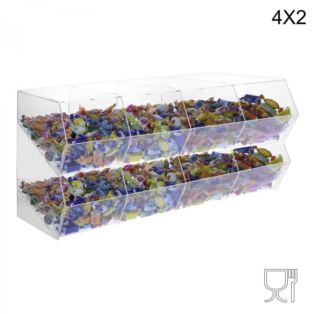 E-222 PCR-S - Porta caramelle in plexiglass trasparente SENZA sportello con ripiano inclinato a 8 scomparti (4X2)