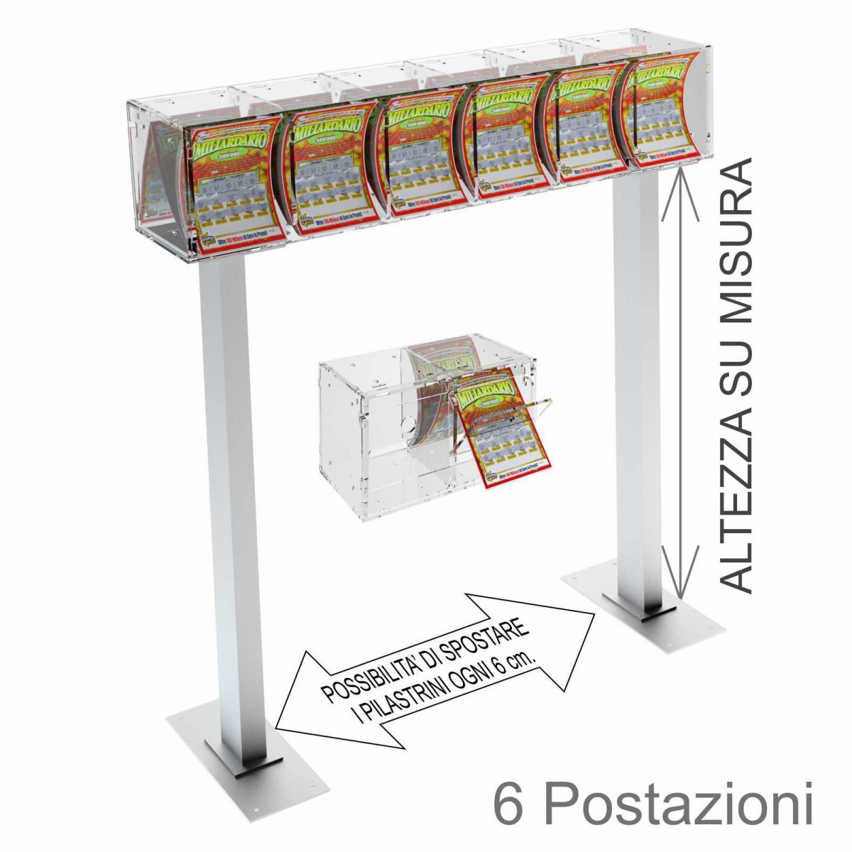 E-387 - Espositore gratta e vinci da banco in plexiglass trasparente munito di sportellino frontale lato rivenditore