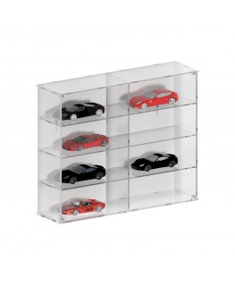 E-797 BAC-A - Bacheca/Vetrina in plexiglass trasparente scala 1:18 a 4 ripiani e 2 colonne | 8 scomparti - Misure: 68x18x h55 cm
