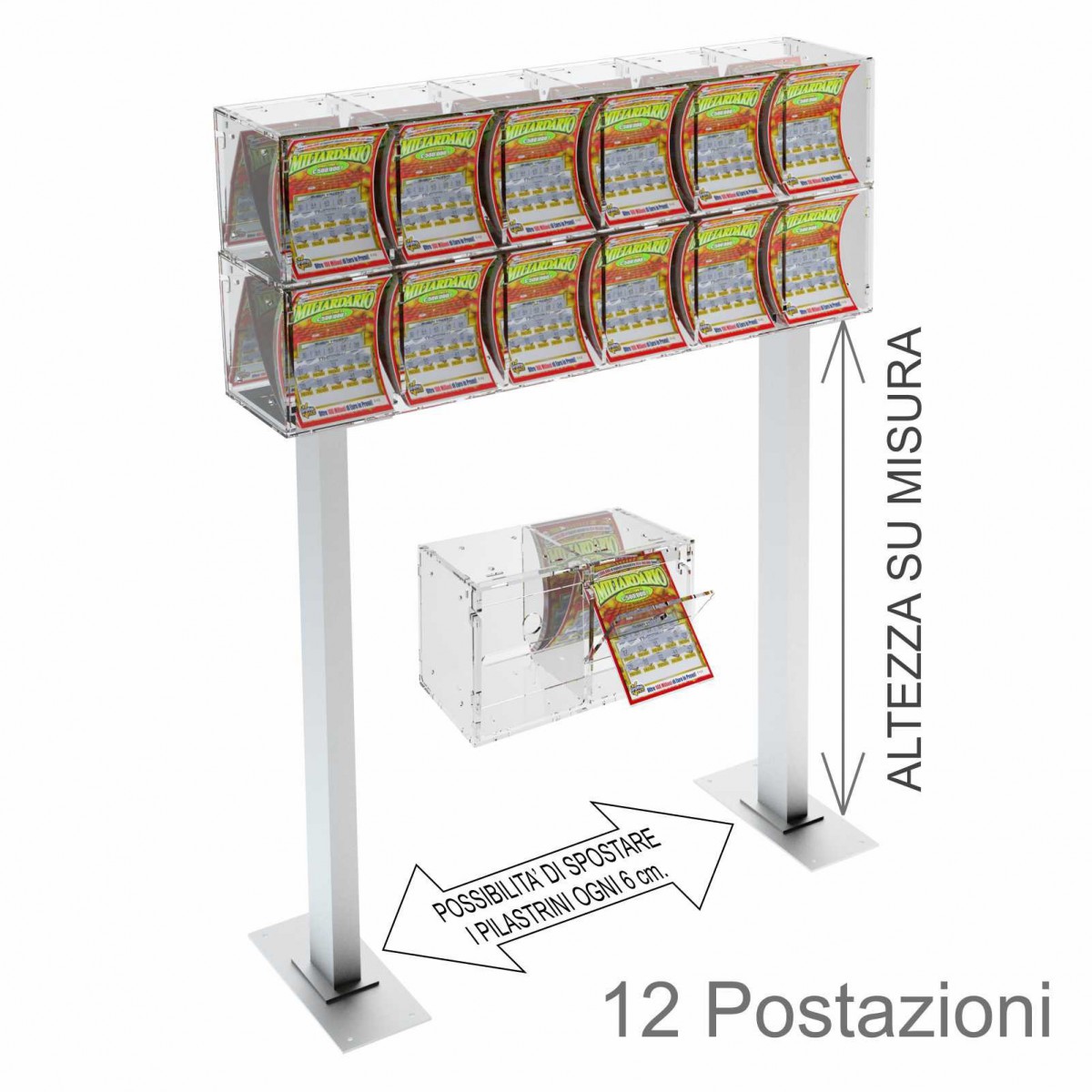E-388 - Espositore gratta e vinci da banco in plexiglass trasparente munito di sportellino frontale lato rivenditore