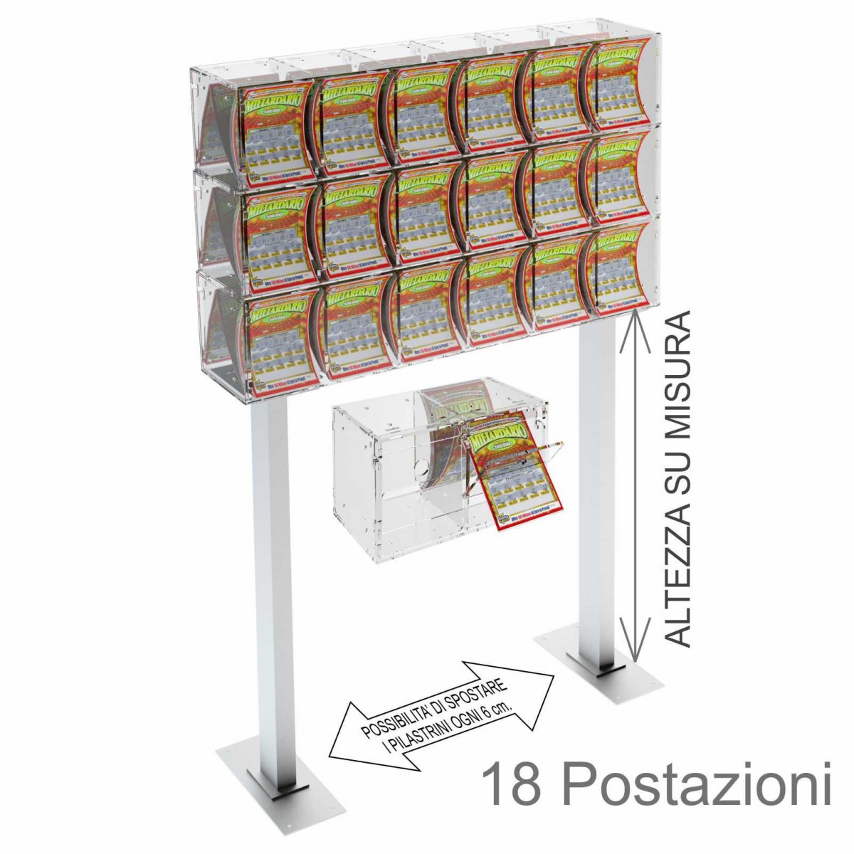 E-389 - Espositore gratta e vinci da banco in plexiglass trasparente munito di sportellino frontale lato rivenditore