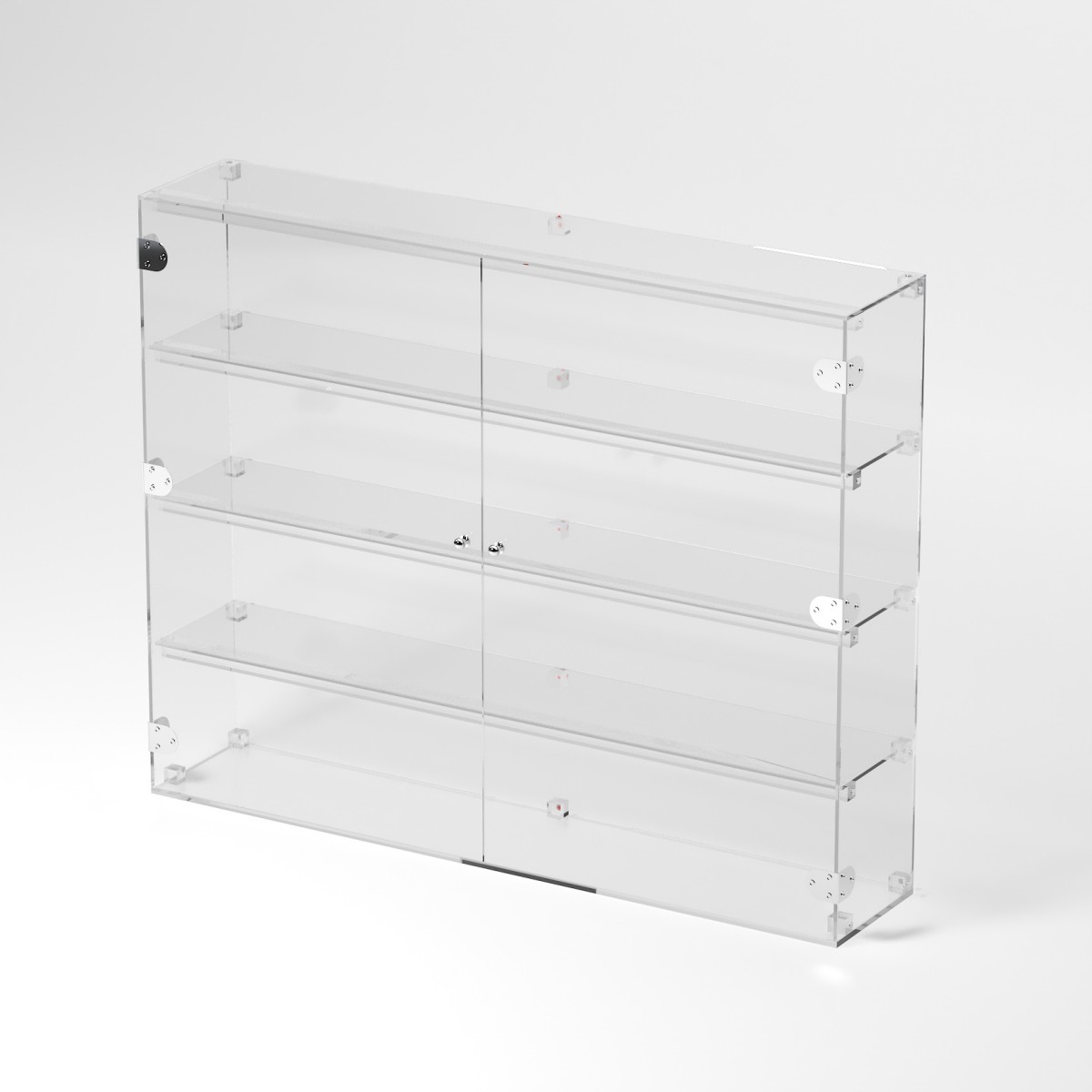 Ampia vetrina espositiva in plexiglass trasparente a 4 ripiani