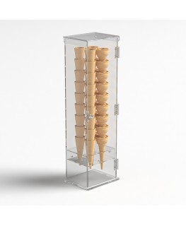 E-1209 PCN - Porta coni gelato in plexiglass trasparente a 4 fori con sportello - Misure: 16 x 13 x H61 cm