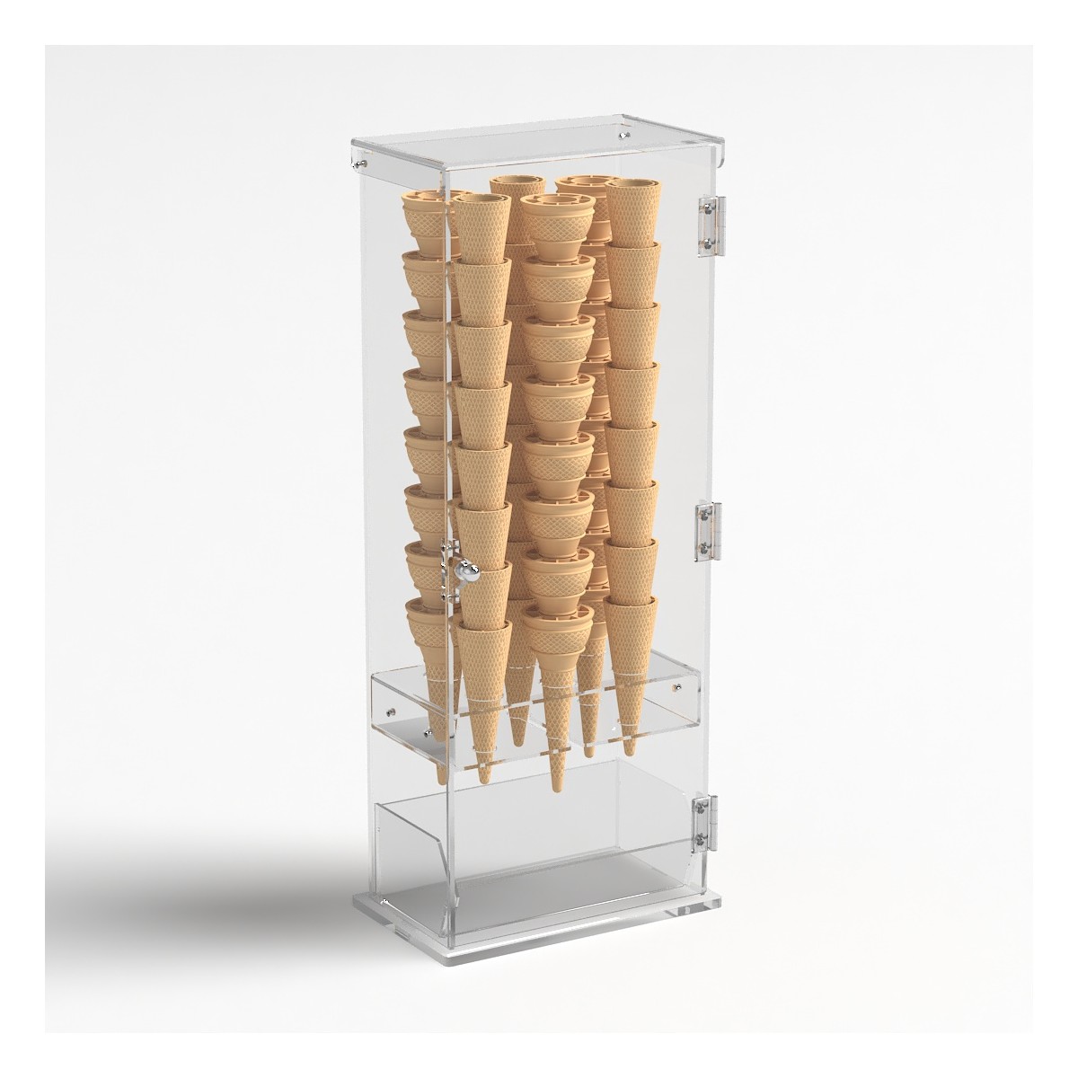 E-1210 PCN - Porta coni gelato in plexiglass trasparente a 6 fori con vaschetta porta cucchiaini e con sportello - Misure: 22...