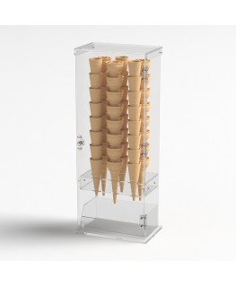 E-1210 PCN - Porta coni gelato in plexiglass trasparente a 6 fori con vaschetta porta cucchiaini e con sportello - Misure: 22...