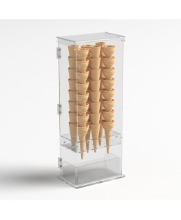 E-1210 PCN - Porta coni gelato in plexiglass trasparente a 6 fori con vaschetta porta cucchiaini e con sportello - Misure: 22...