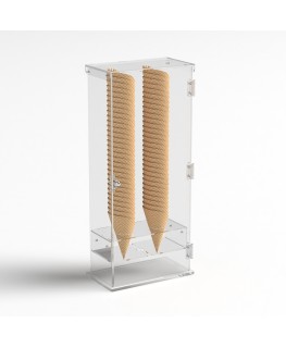 E-1212 PCN - Porta coni gelato per cialde grandi in plexiglass trasparente a 2 fori con sportello - Misure: 27 x 13 x H61 cm