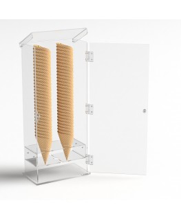 E-1212 PCN - Porta coni gelato per cialde grandi in plexiglass trasparente a 2 fori con sportello - Misure: 27 x 13 x H61 cm