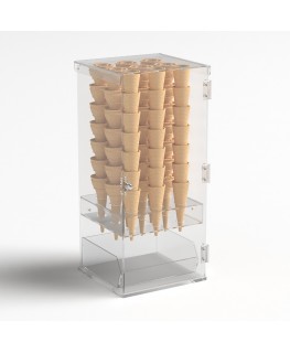 E-1213 PCN - Porta coni gelato in plexiglass trasparente a 9 fori con vaschetta porta cucchiaini e con sportello - Misure: 24...