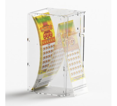 Espositore gratta e vinci da banco o da soffitto in plexiglass trasparente a 1 contenitore con sportellino frontale lato rivendi