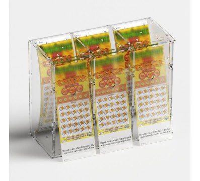 E-1218 EGV-C - Espositore gratta e vinci da banco o da soffitto in plexiglass trasparente a 3 contenitori con sportellino fro...