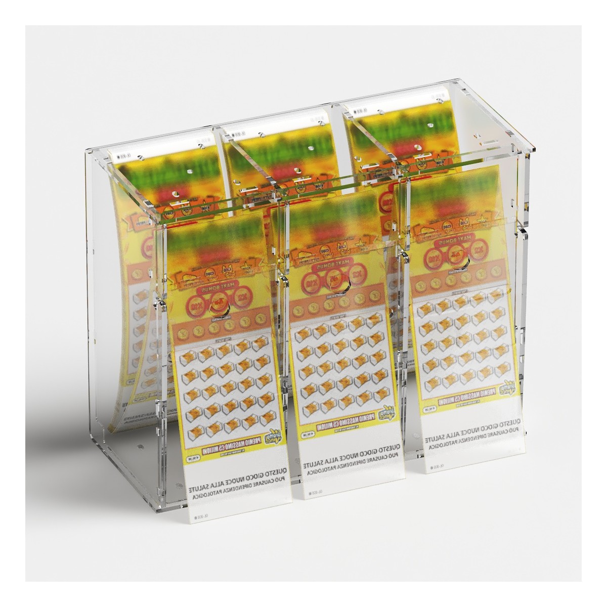 E-1218 EGV-C - Espositore gratta e vinci da banco o da soffitto in plexiglass trasparente a 3 contenitori con sportellino fro...