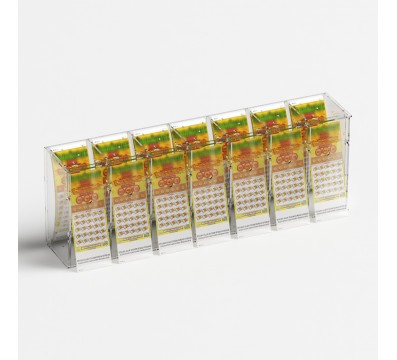 E-1218 EGV-G - Espositore gratta e vinci da banco o da soffitto in plexiglass trasparente a 7 contenitori con sportellino fro...