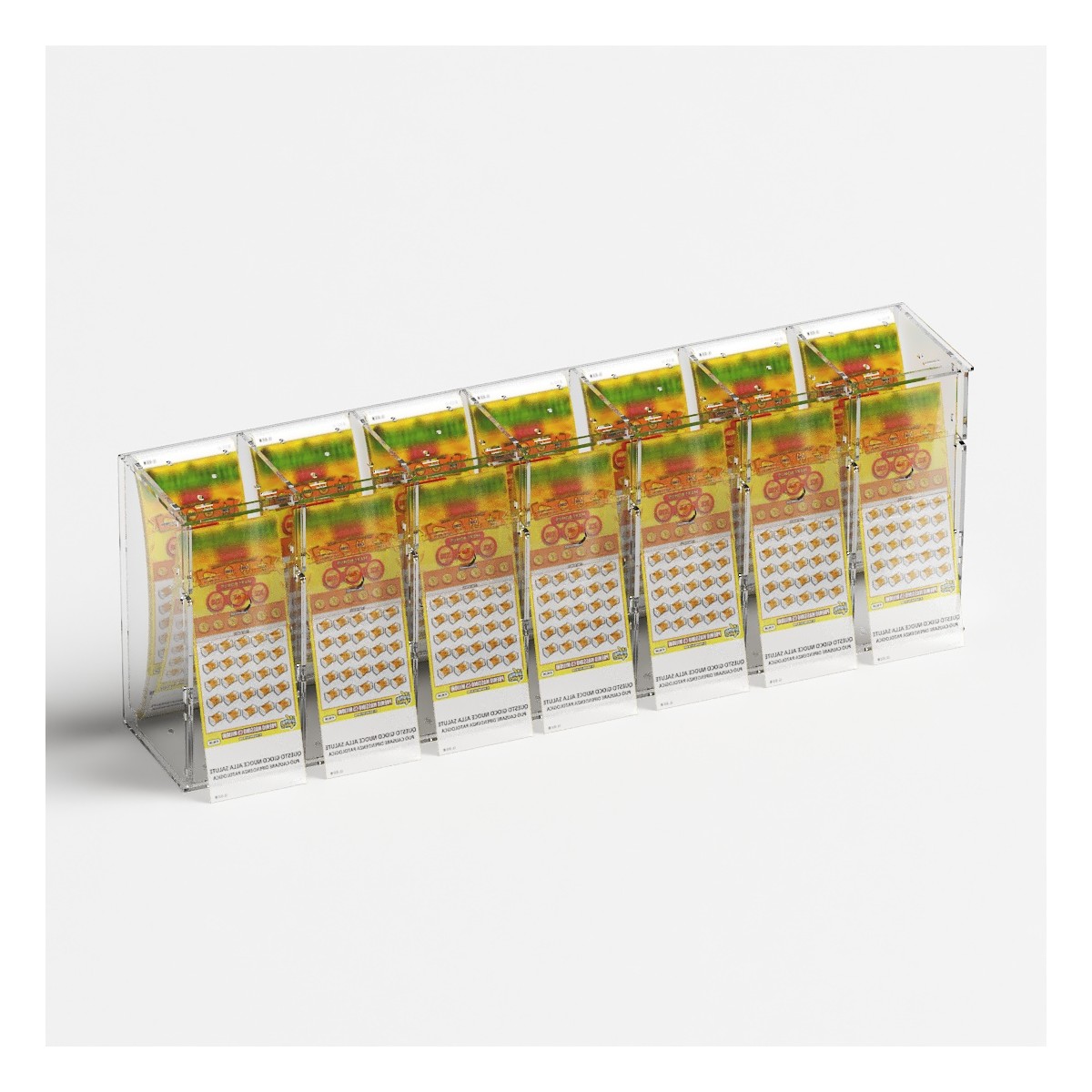 E-1218 EGV-G - Espositore gratta e vinci da banco o da soffitto in plexiglass trasparente a 7 contenitori con sportellino fro...
