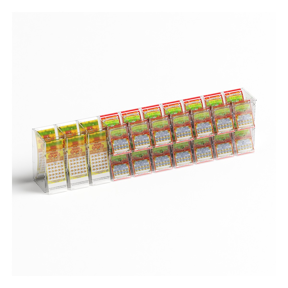 E-1219 EGV-C - Espositore gratta e vinci da banco o da soffitto in plexiglass trasparente a 17 contenitori con sportellino fr...
