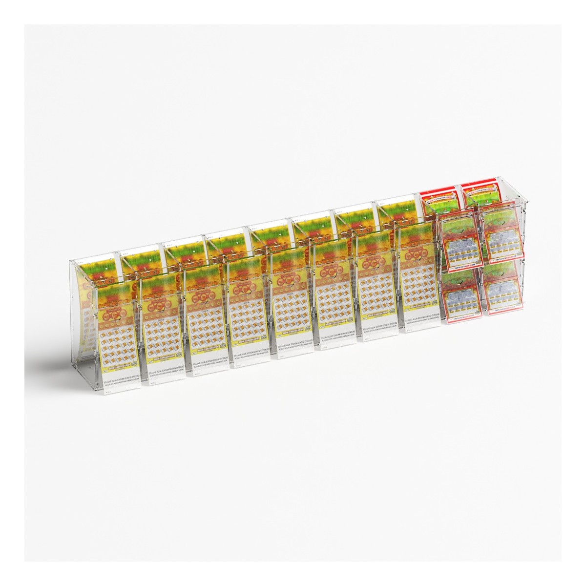 E-1219 EGV-H - Espositore gratta e vinci da banco o da soffitto in plexiglass trasparente a 12 contenitori con sportellino fr...
