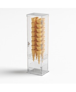 E-1246 PCN - Porta coni gelato in plexiglass trasparente con vaschetta porta cucchiaini e con sportello - Misure: 16 x 13 x H...