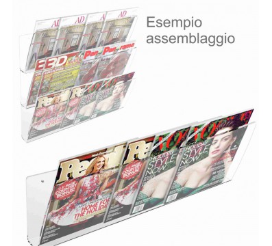 E-415 - Espositore da parete in plexiglass trasparente porta riviste e quotidiani modulare