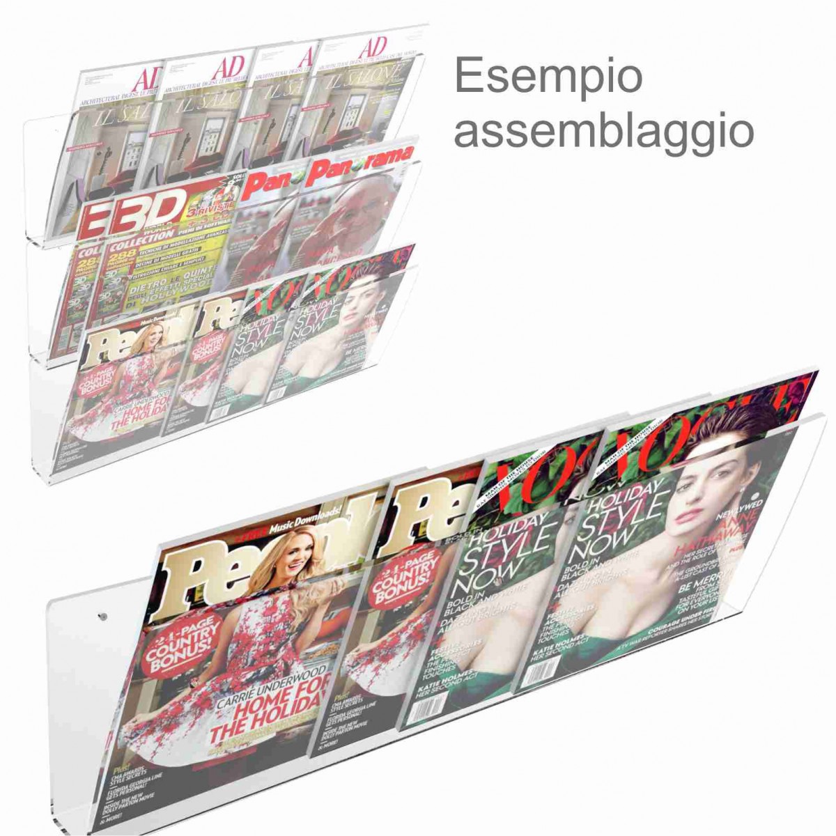 E-415 - Espositore da parete in plexiglass trasparente porta riviste e quotidiani modulare