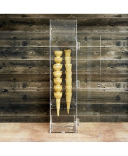E-005 PCN - Porta coni gelato in plexiglass trasparente con vaschetta porta cucchiaini a 4 fori - Misure: 16 x 13 x H61 cm