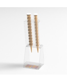 E-518 PCN-A - Porta coni gelato da banco a 2 colonne in plexiglass con porta cucchiaini