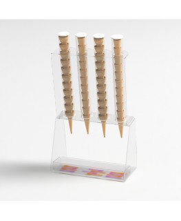 E-518 PCN-C - Porta coni gelato da banco a 4 colonne in plexiglass con porta cucchiaini