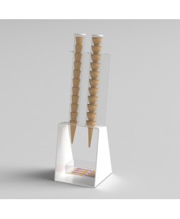 E-519 PCN-A - Porta coni gelato da banco a 2 colonne in plexiglass bianco con porta cucchiaini