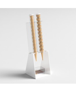 E-519 PCN-A - Porta coni gelato da banco a 2 colonne in plexiglass bianco con porta cucchiaini