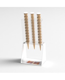 E-519 PCN-B - Porta coni gelato da banco a 3 colonne in plexiglass bianco con porta cucchiaini
