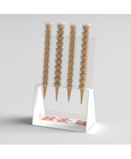 E-519 PCN-C - Porta coni gelato da banco a 4 colonne in plexiglass bianco con porta cucchiaini.