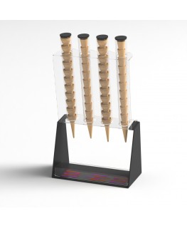 E-520 PCN-C - Porta coni gelato da banco a 4 colonne in plexiglass nero con porta cucchiaini