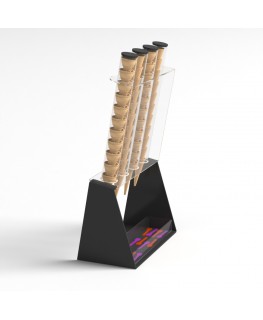 E-520 PCN-C - Porta coni gelato da banco a 4 colonne in plexiglass nero con porta cucchiaini