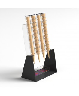 E-520 PCN-C - Porta coni gelato da banco a 4 colonne in plexiglass nero con porta cucchiaini