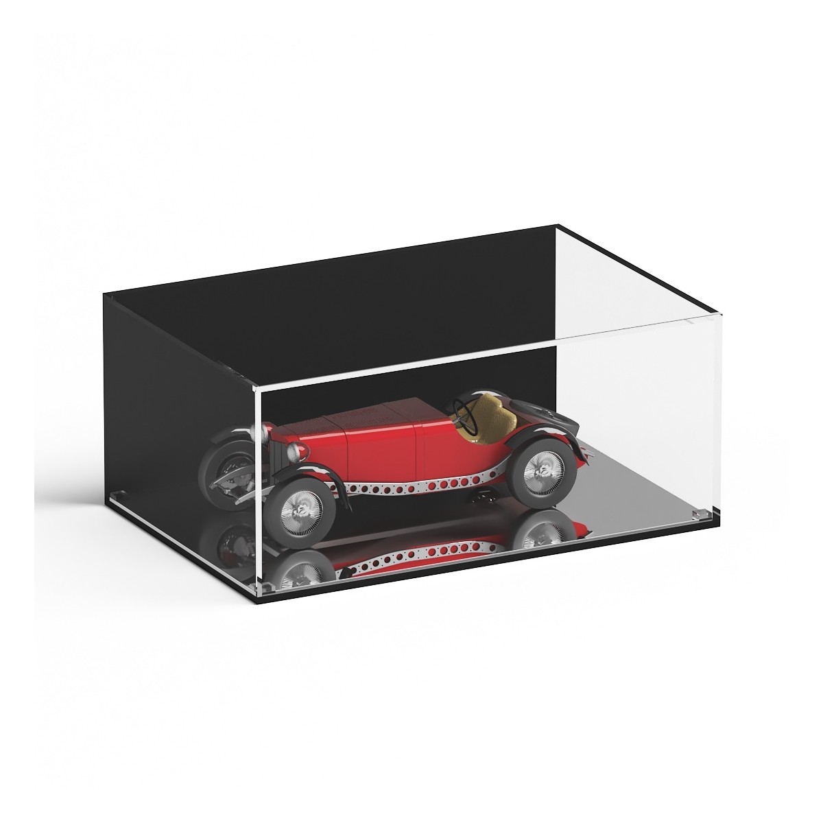 E-953 TEC-X - Personalizzabile - Teca espositiva in plexiglass da banco con base a specchio appoggiata | lato nero - spess. 5 mm