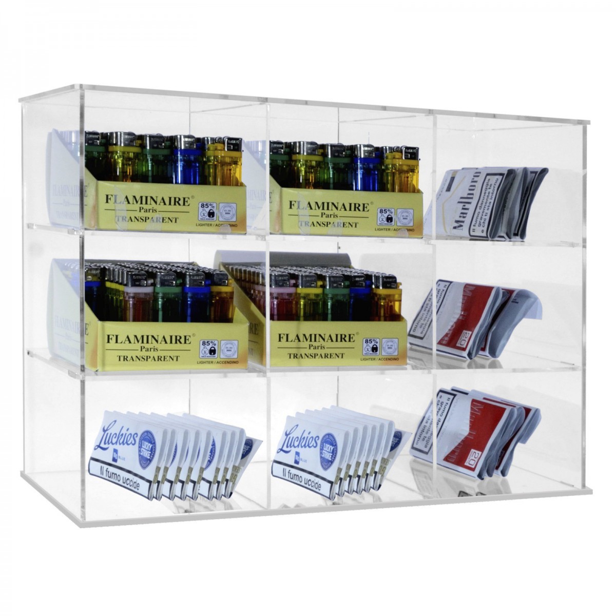 Prsentoir universel en plexiglas transparent pour papiers  rouler,  cigarettes, sachets de tabac et briquets avec 6 compartimen