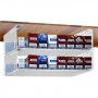 Clear acrylic cigarette display for attachment to ceiling (20 per pack) with a compartment pusher system