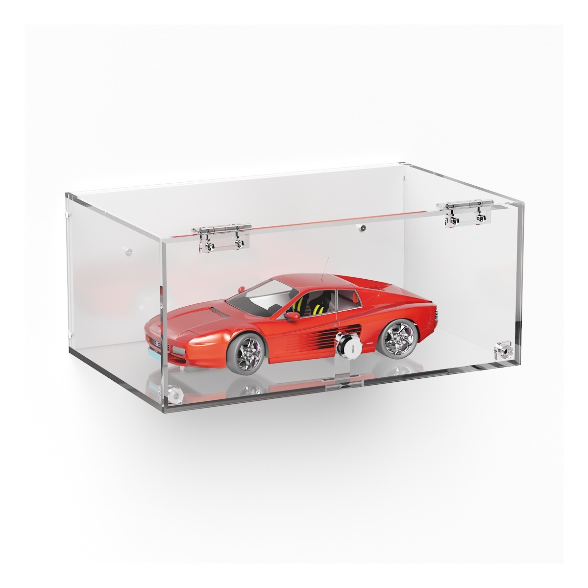 E-1045 TEC-X - Personalizzabile - Teca espositiva in plexiglass da parete con sportello e cerniere frontali e chiusura con se...