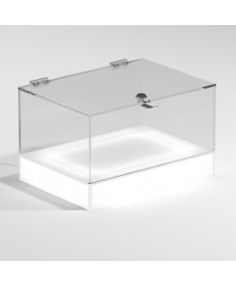 E-1153 TEC-X - Personalizzabile - Teca espositiva da banco con base opal illuminata a led e parte superiore in plexiglass tra...
