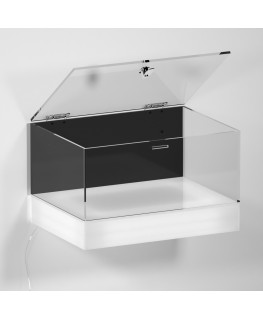 E-1165 TEC-X - Personalizzabile - Teca espositiva da parete con base opal illuminata a led e parte superiore in plexiglass tr...