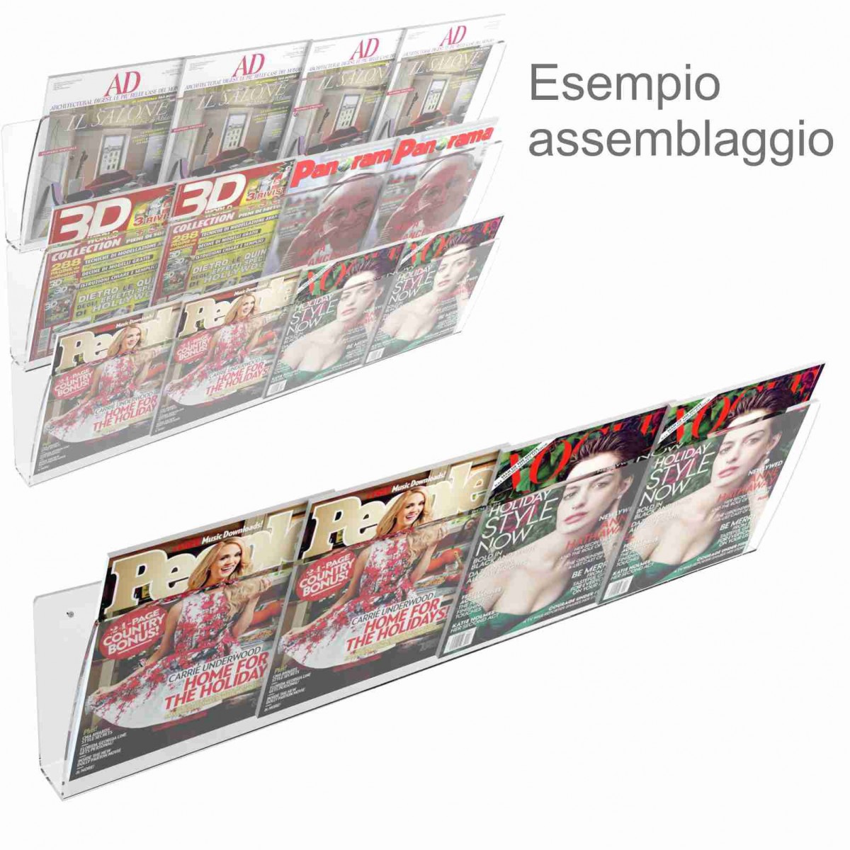 E-415 EPR-C - Espositore da parete in plexiglass trasparente porta riviste e quotidiani modulare - Lunghezza 80 cm