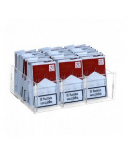 E-419 VPT-C - Espositore in plexiglass trasparente da banco per buste di trinciato o caramelle a 3 scomparti