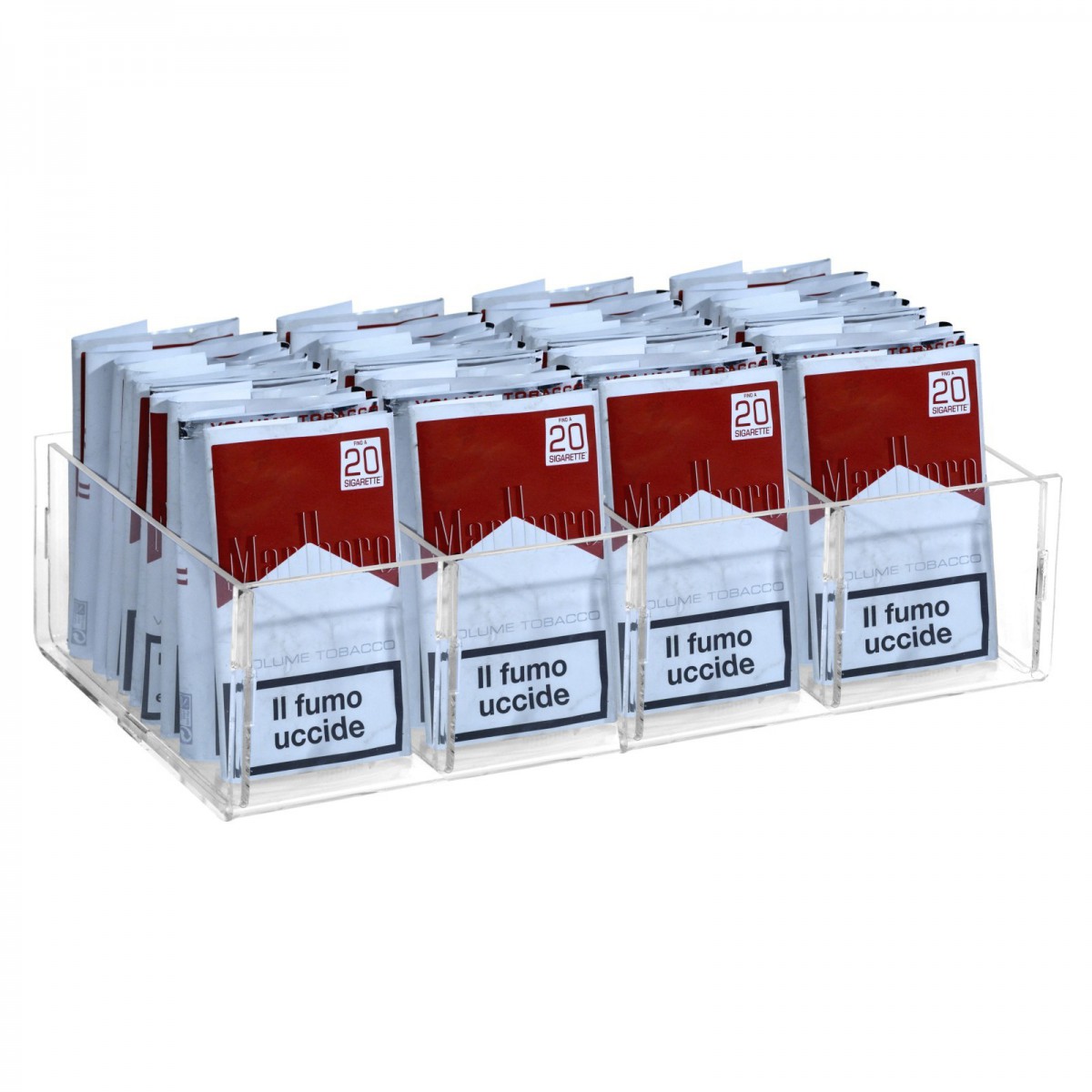 E-419 VPT-D - Espositore in plexiglass trasparente da banco per buste di trinciato o caramelle a 4 scomparti